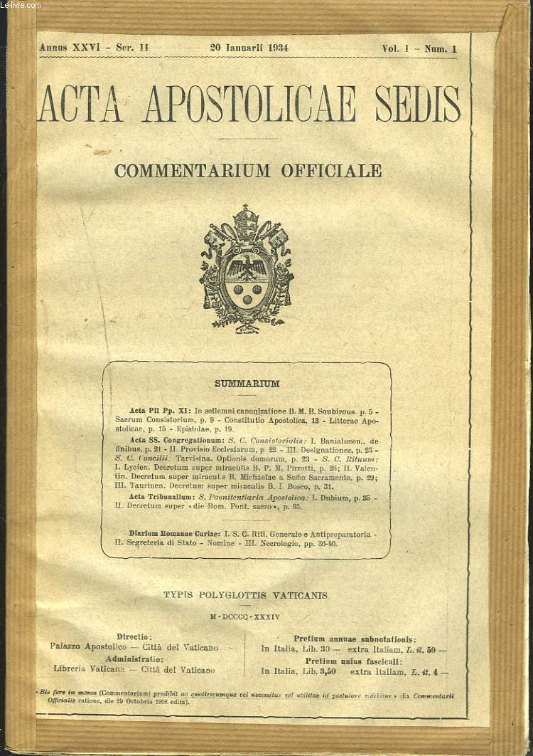 ACTA APOSTOLICAE SEDIS. COMMENTARIUM OFFICIALE. ANNUS XXVI, VOL XXVI. 1934 (N1  16).