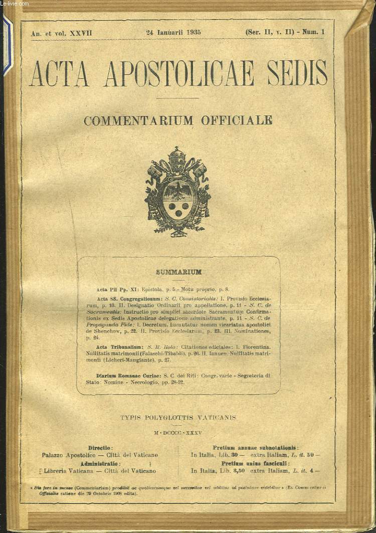 ACTA APOSTOLICAE SEDIS. COMMENTARIUM OFFICIALE. ANNUS XXVII, VOL XXVII. 1935 (N1  15).