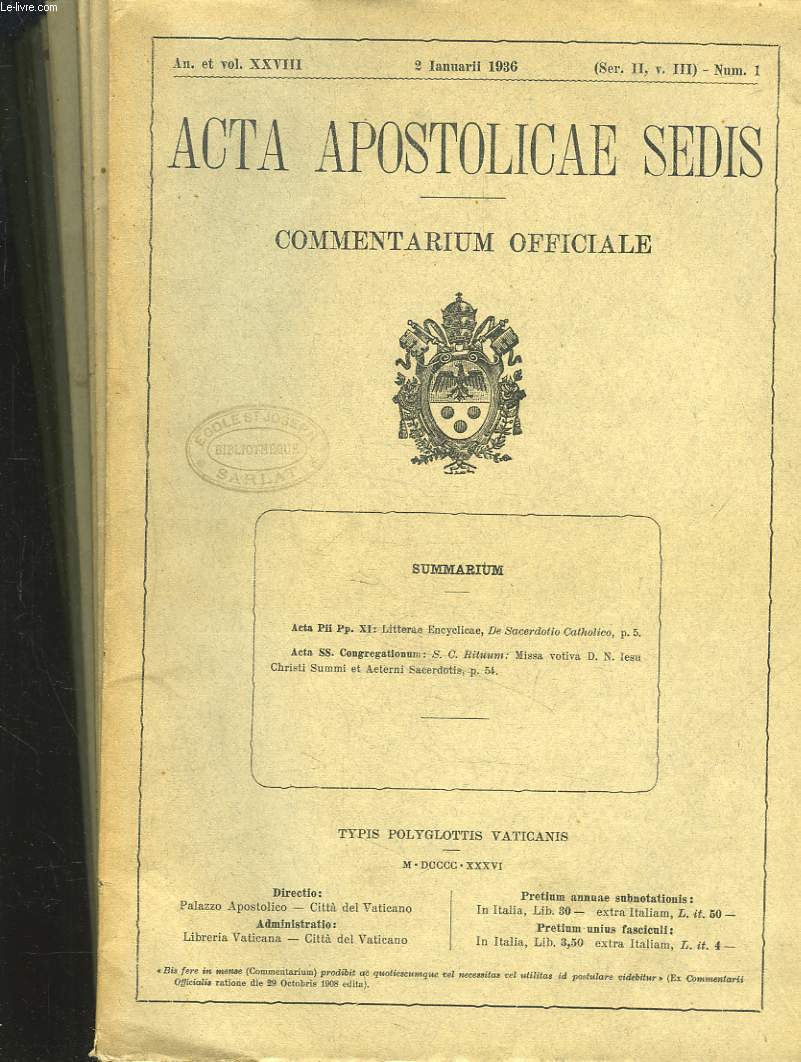 ACTA APOSTOLICAE SEDIS. COMMENTARIUM OFFICIALE. ANNUS XXVIII, VOL XXVIII. 1936 (N1  16).