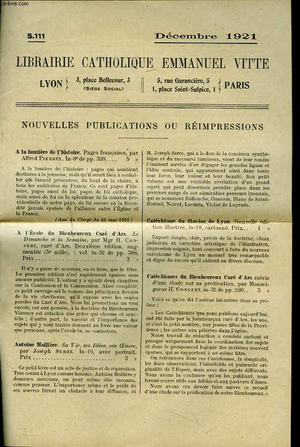 NOUVELLES PUBLICATIONS OU REIMPRESSIONS, LIBRAIRIE CATHOLIQUE EMMANUEL VITTE, DECEMBRE 1921.