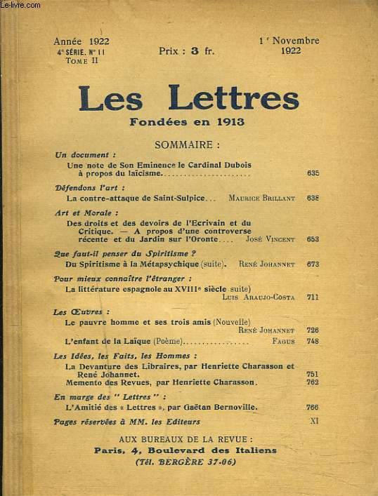 LES LETTRES N°11, 4e SERIE, TOME II, 1er NOVEMBRE 1922. NOTE DE S.E. LE CARDI... - Afbeelding 1 van 1