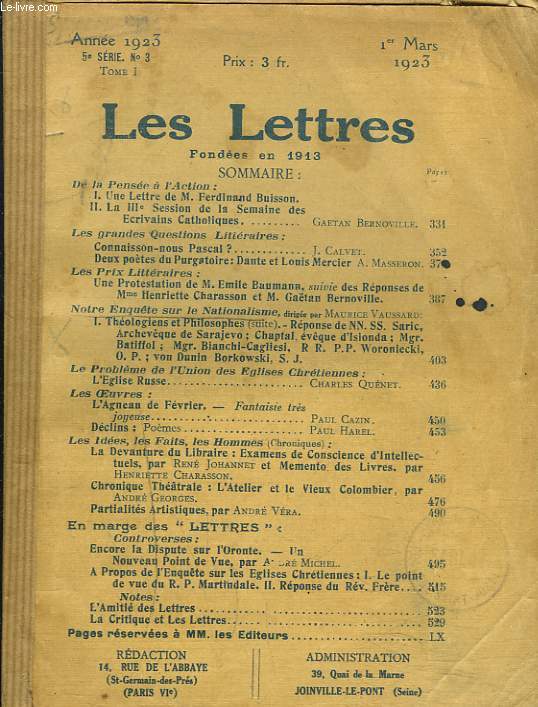 LES LETTRES N3, 5e SERIE, TOME I, 1er MARS 1923. DEUX POETES DU PURGATOIRE, DANTE ET LOUIS MERCIER par J. CALVET/ L'EGLISE RUSSE par CHARLES QUENET/ L'AGNEAU DE FEVRIER par PAUL CAZIN/ DECLINS, POEMES par PAUL HAREL / ...