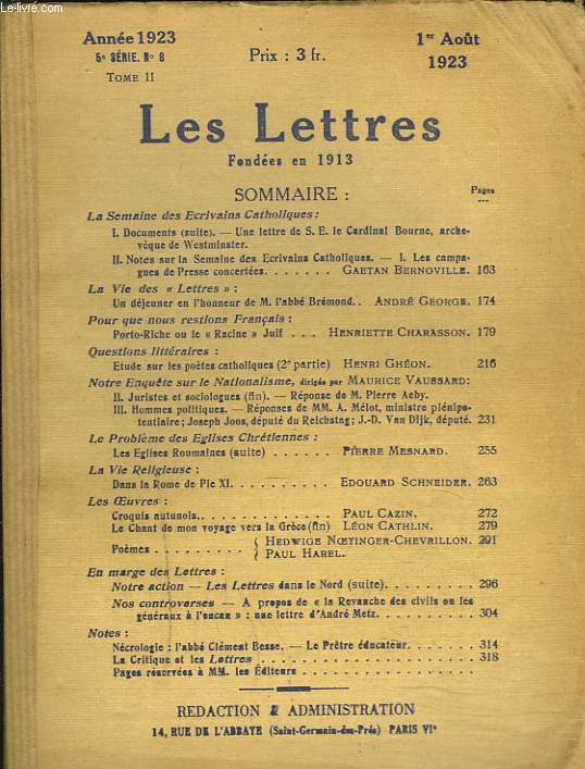 LES LETTRES N8, 5e SERIE, TOME II, 1er AOT 1923. DEJEUNER EN L'HONNEUR DE M. L'ABBE BREMOND par ANDRE GEORGES/ PORTO-RICHE ou LE 