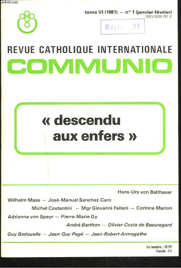 COMMUNIO, REVUE CATHOLIQUE INTERNATIONALE, TOME VI, N1, JANVIER-FEVRIER 1981. 