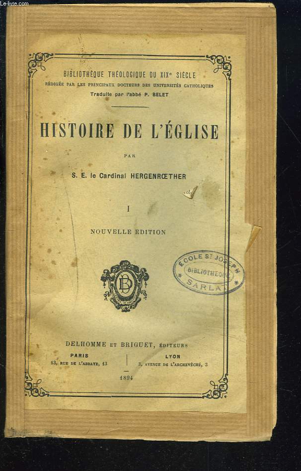 BIBLIOTHEQUE THEOLOGIQUE DU XIXe SIECLE, HISTOIRE DE L'EGLISE. TOME I.