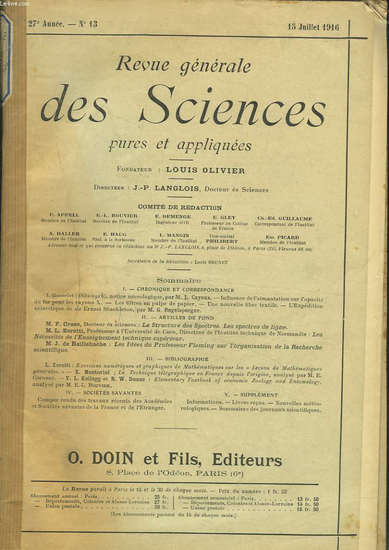 REVUE GENERALE DES SCIENCES PURES ET APPLIQUEES, 27e ANNEE - N13, 14, 15-16, et 19  24, de JUILLET  DECEMBRE 1916.
