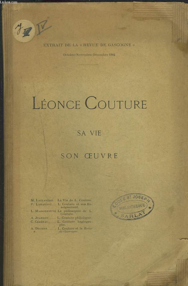 LEONCE COUTURE. SA VIE, SON OEUVRE. EXTRAIT DE LA 