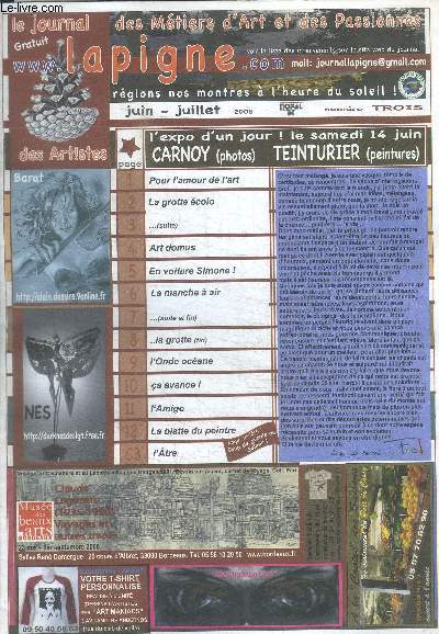 LE JOURNAL DES METIERS D ART ET DES PASSIONNES - LA PIGNE - JUIN - JUILLET 2008 - POUR L AMOUR DE L ART / LA GROTTE ECOLO / ART DOMUS / EN VOITURE SIMONE ! / .../