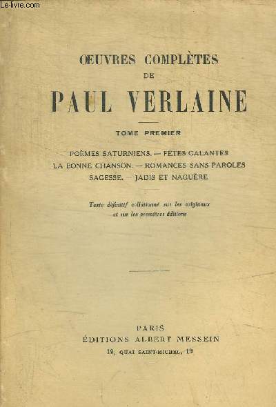 OEUVRES COMPLETES DE PAUL VERLAINE - TOME PREMIER