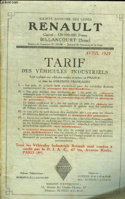 RENAULT - TARIF DES VEHICULES INDUSTRIELS - AVRIL 1929