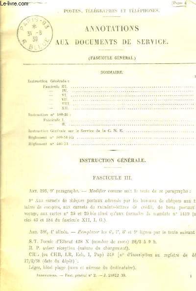 POSTES TELEGRAPHES ET TELEPHONES - ANNOTATIONS AUX DOCUMENTSDE SERVICE - AVRIL 1939 -