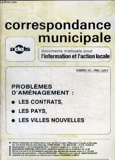CORRESPONDANCE MUNICIPALE - DOCUMENTS MENSUELS POUR L INFORMATION ET L ACTION LOCALE - N 181 - OCTOBRE 1977 -
