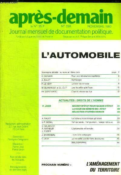 APRES DEMAIN - JOURNAL MENSUEL DE DOCUMENTATION POLITIQUE - N 22 8 - NOVEMBRE 1980 - L AUTOMOBILE