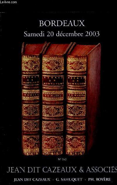 VENTE AUX ENCHERES PUBLIQUES DE LIVRES ANCIENS - BORDEAUX SAMEDI 20 DECEMBRE 2003 - N243