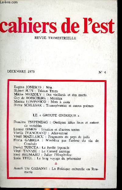 Cahiers de l'Est, revue trimestrielle. Dcembre 1975