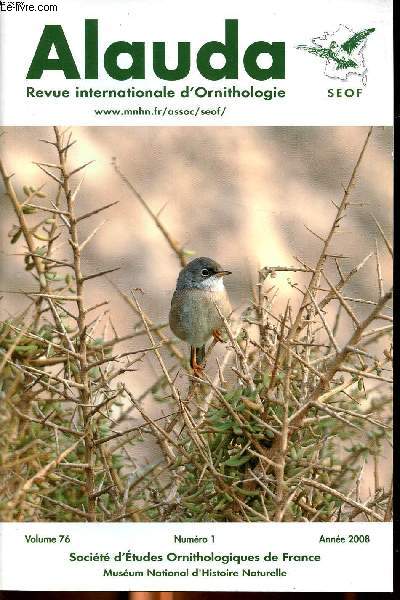 Alauda Revue internationale d'ornithologie N 1 volume 76 Sommaire: Evolution et situation de la population de Faucon plerin, Biologie du Pipit maritime...