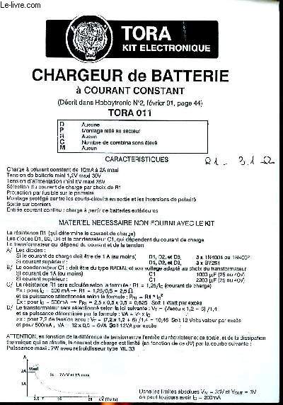 Tora kit lectronique Chargeur de batterie  courant constant