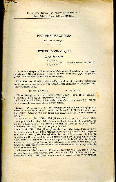 Extrait des annales pharmaceutiques franaises Pro pharmacopoea Ether divinylique