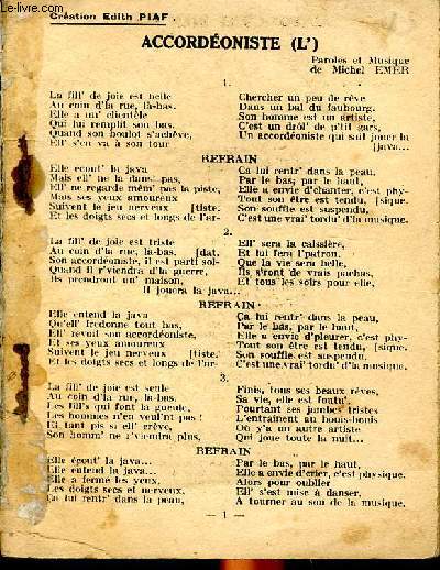 Livres de chants Sommaire: L'accordoniste d'Edith Piaf, Au paradis de Maurice Chevalier, L'hirondelle d'amour de Poterat L., Revoir de Lo Bachelet...