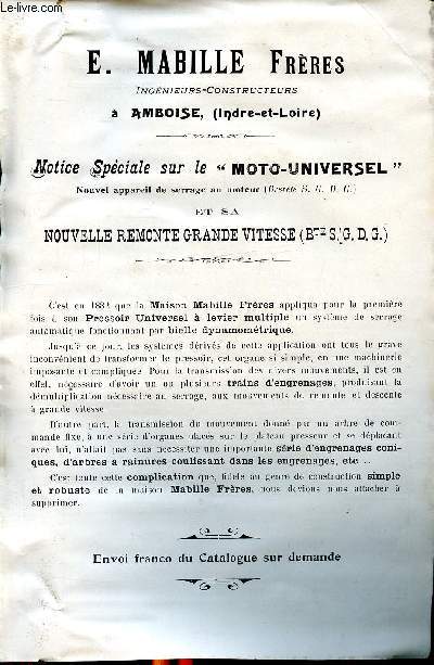 E. Mabille Frres, Notice spciale sur le moto-universel et sa nouvelle remonte grande vitesse