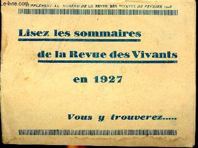 Lisez les sommaires de la Revue des vivants en 1927 Supplment au numro de la revue des vivants de fvrier 1928