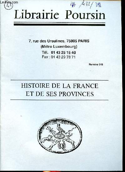 Catalogue de la librairie Poursin Histoire de la France et de ses provinces