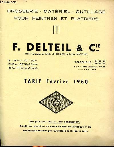 F. Delteil & Cie tarif fvrier 1960 brosserie, matriel, outillage, pour peintres et platriers.