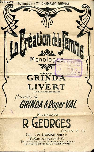 La cration de la femme Monologue Paroles de Grinda et Roger Val Musique de R. Georges