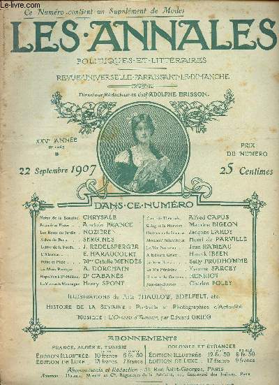 Les annales Politiques et littraires N 1265 du 22 septembre 1907 Sommaire: les roses du jardin, le mois potique, Napolon  STE-Hlne, Grieg et la Norvge, le vin nouveau...