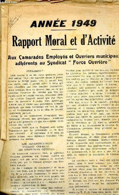 Anne 1949 Rapport Moral et d'activit aux camardes employs et ouvriers municipaux adhrents au syndicat 