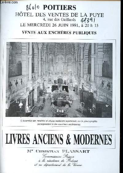 Catalogue de la vente aux enchres publiques de livres anciens & modernes du mercredi 26 juin 1991  Poitiers;