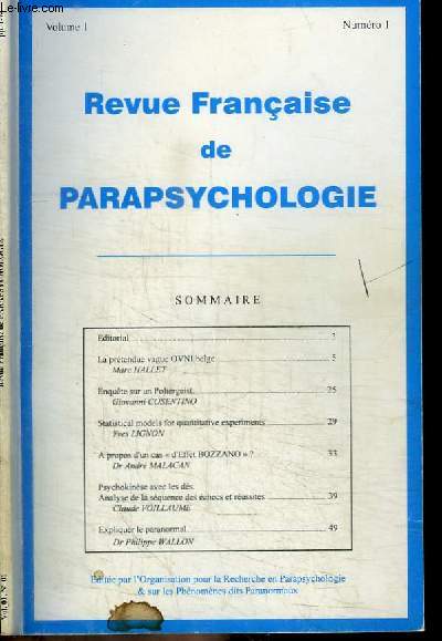 REVUE FRANCAISE DE PARAPSYCHOLOGIE - VOLUME 1 - N 1