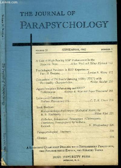REVUE : THE JOURNAL OF PARAPSYCHOLOGY VOLUME 26 - MARCH 1962 - NUMBER 3
