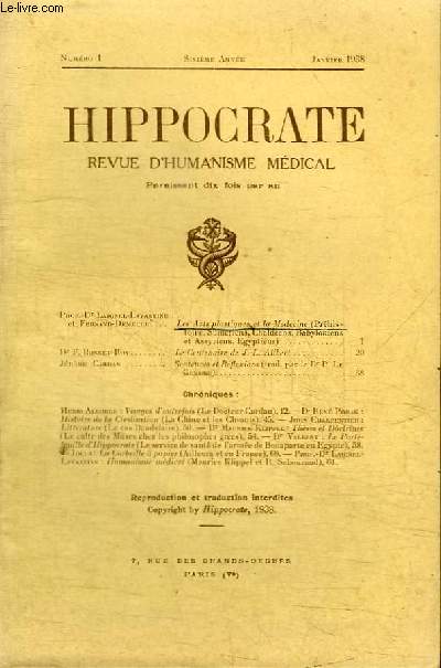 REVUE D'HUMANISME MEDICAL : HIPPOCRATE - N1 - SIXIEME ANNEE JANVIER 1938