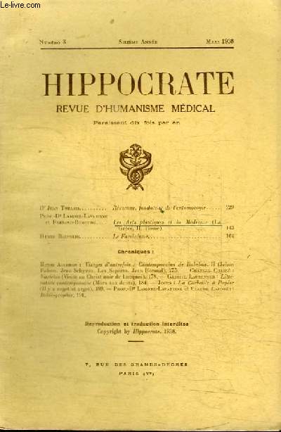 REVUE D'HUMANISME MEDICAL : HIPPOCRATE - N3 - SIXIEME ANNEE MARS 1938