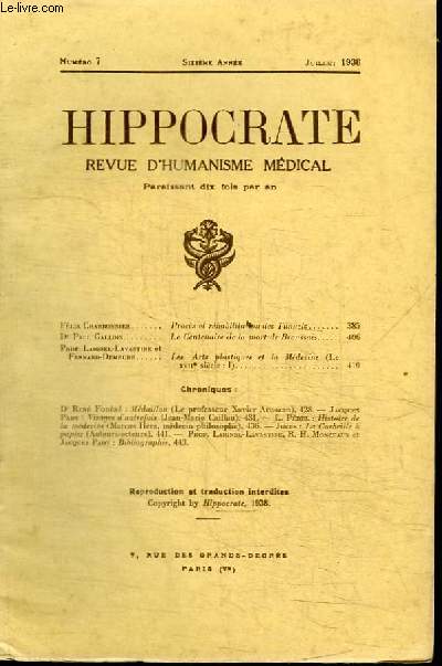 REVUE D'HUMANISME MEDICAL : HIPPOCRATE - N7 - SIXIEME ANNEE JUILLET 1938