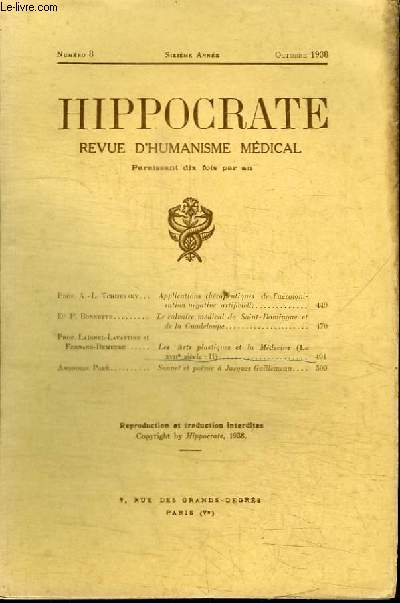 REVUE D'HUMANISME MEDICAL : HIPPOCRATE - N8 - SIXIEME ANNEE OCTOBRE 1938
