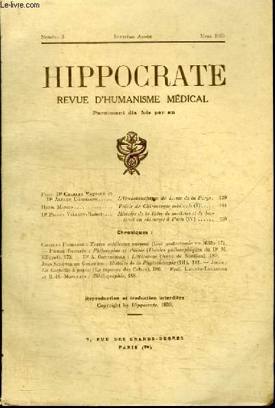 REVUE D'HUMANISME MEDICAL : HIPPOCRATE - N3 - SEPTIEME ANNEE MARS 1939