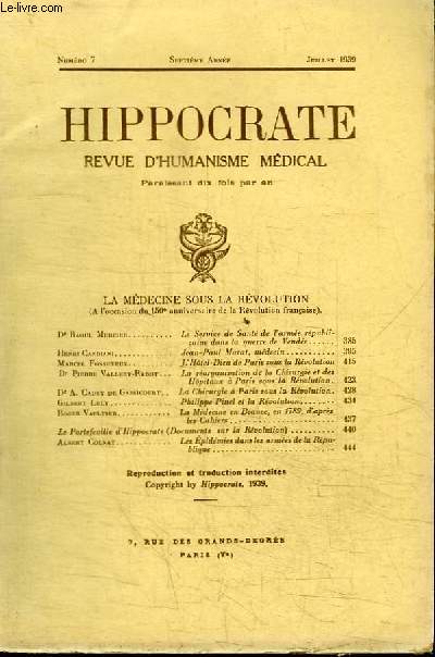 REVUE D'HUMANISME MEDICAL : HIPPOCRATE - N7 - SEPTIEME ANNEE JUILLET 1939
