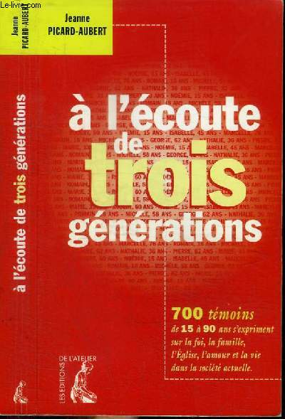 A L'ECOUTE DE TROIS GENERATIONS - 700 tmoins de 15  90 ans s'expriment sur la foi, la famille, l'Eglise, l'amour et la vie dans la socit actuelle