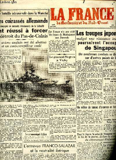 Journal La France de Bordeaux et du Sud Ouest du samedi 14 et dimanche 15 fvrier 1942