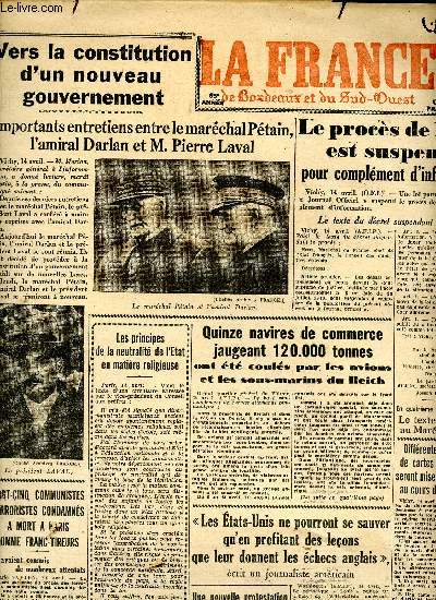 Journal La France de Bordeaux et du Sud Ouest Mercredi 15 avril 1942