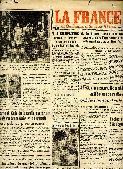 Journal la France de Bordeaux et du Sud Ouest Vendredi 24 avril 1942 Sommaire: L'chec britannique  Boulogne-Sur-mer; La guerre sous marine; Les troupes amricaines battent en retraite sur l'ile de Panay...