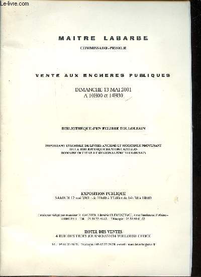 Catalogue d'une vente aux enchres publiques d'une boibliothque d'un flibre toulousain le dimanche 13 mai 2001  Toulouse par le Commissaire priseur Maitre Labarbe