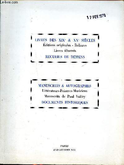 Catalogue d'une vente aux enchres publiques de livres anciens et manuscrits les 27 et 28 fvrier 1979  Paris par Mtres Laurin Guilloux Buffetaud et Tailleur