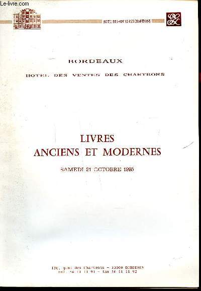 Catalogue d'une vente de livres anciens et modernes le 21 octobre 1995  Bordeaux