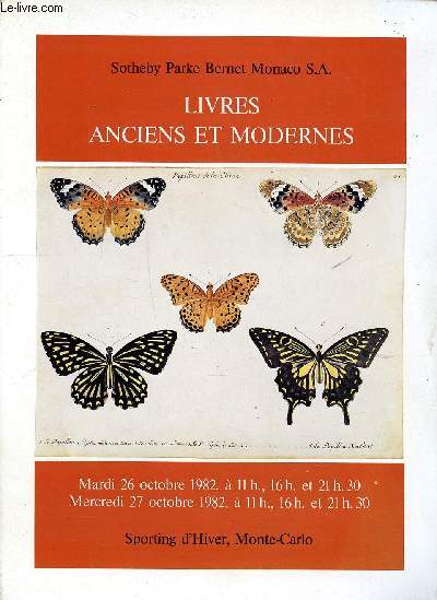 Catalogue d'une vente exposition de livres anciens et modernes les 26 et 27 octobre 1982  Monte Carlo