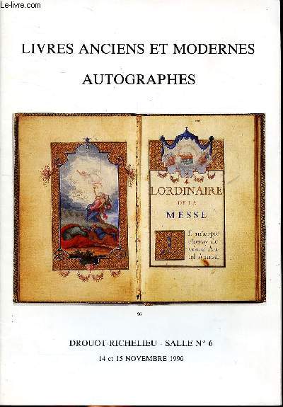 Catalogue d'une vente aux enchres de livres anciens et modernes , autographes, les 14 et 15 novembre 1990  Paris par MtresLaurin, Guilloux, Buffetaud et Tailleur, commissaires priseurs.