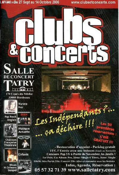 Programmation de la salle de concert Tatry  Bordeaux du 27 septembre au 14 octobre 2006 N 341