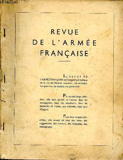 Revue de l'arme franaise N7 Avril 1942 Sommaire: La Rnovation dans l'arme; Prisonniers de guerre; Le centre d'instruction de Montagne du Lioran...
